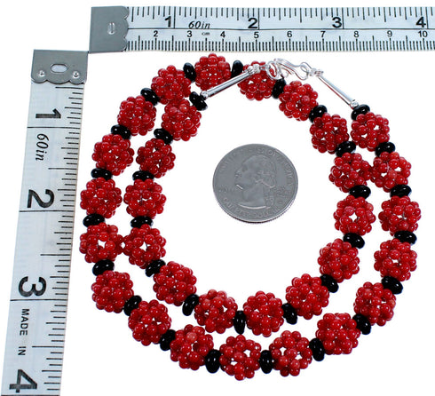 Southwest Coral Onyx Sterling Silver Bead Necklace RX114804